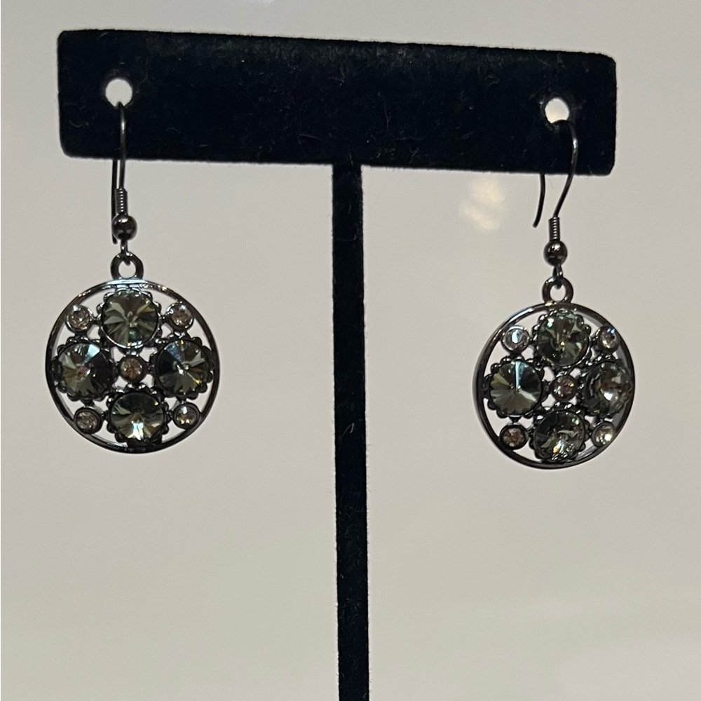 Butler Black Crystal Drop Earrings Round Rhinestone Gunmetal Dangle